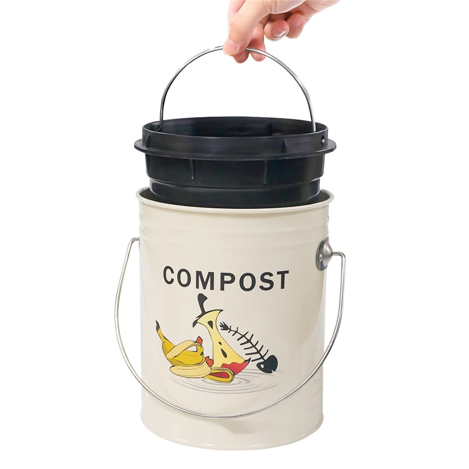 SOTECH Round Compost Bin Kitchen Garbage Can for Kitchen Counter Garden Compost Can with lid Metal Shell Plastic Liner Trash Can Household Garbage Collection Kitchen Decoration Indoor Composter