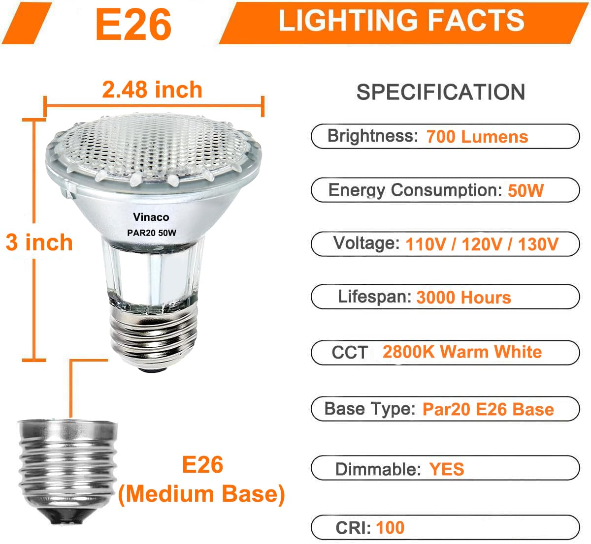 Vinaco PAR20 50W Halogen Bulb, 6 Pack High Output PAR20 Flood Light Bulb, 50W PAR20 Halogen Dimmable, Long Lasting PAR20 50W 120V Warm White 2800K, E26 PAR20 50 Watt Halogen Flood Light