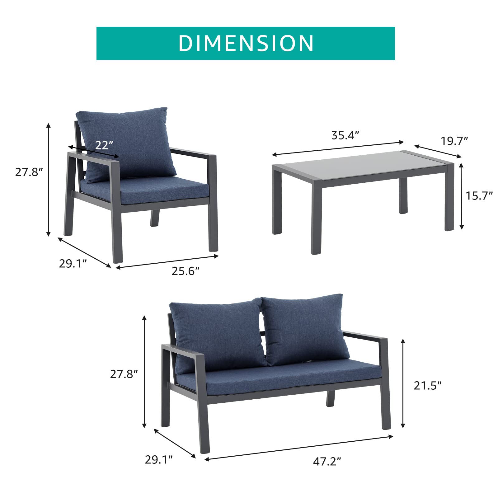 Soleil Jardin 4-Piece Aluminum Outdoor Patio Furniture, Patio Conversation Sofa Set with Removable Cushions, Tempered Glass Top Coffee Table, Dark Grey Finish & Denim Blue Cushion