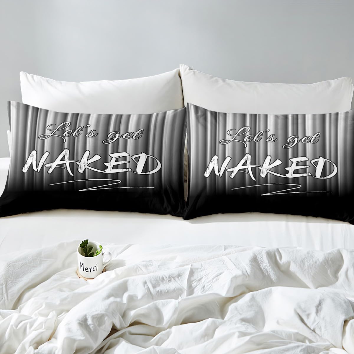 Kids Let's Get Naked Pattern Bedding Set Queen Size White Strip Lines Bedding Duvet Cover Set For Boys Teens Decor Geomestric Comforter Cover Set Black White Bedspread Cover Bedroom Quilt Cover 3Pcs