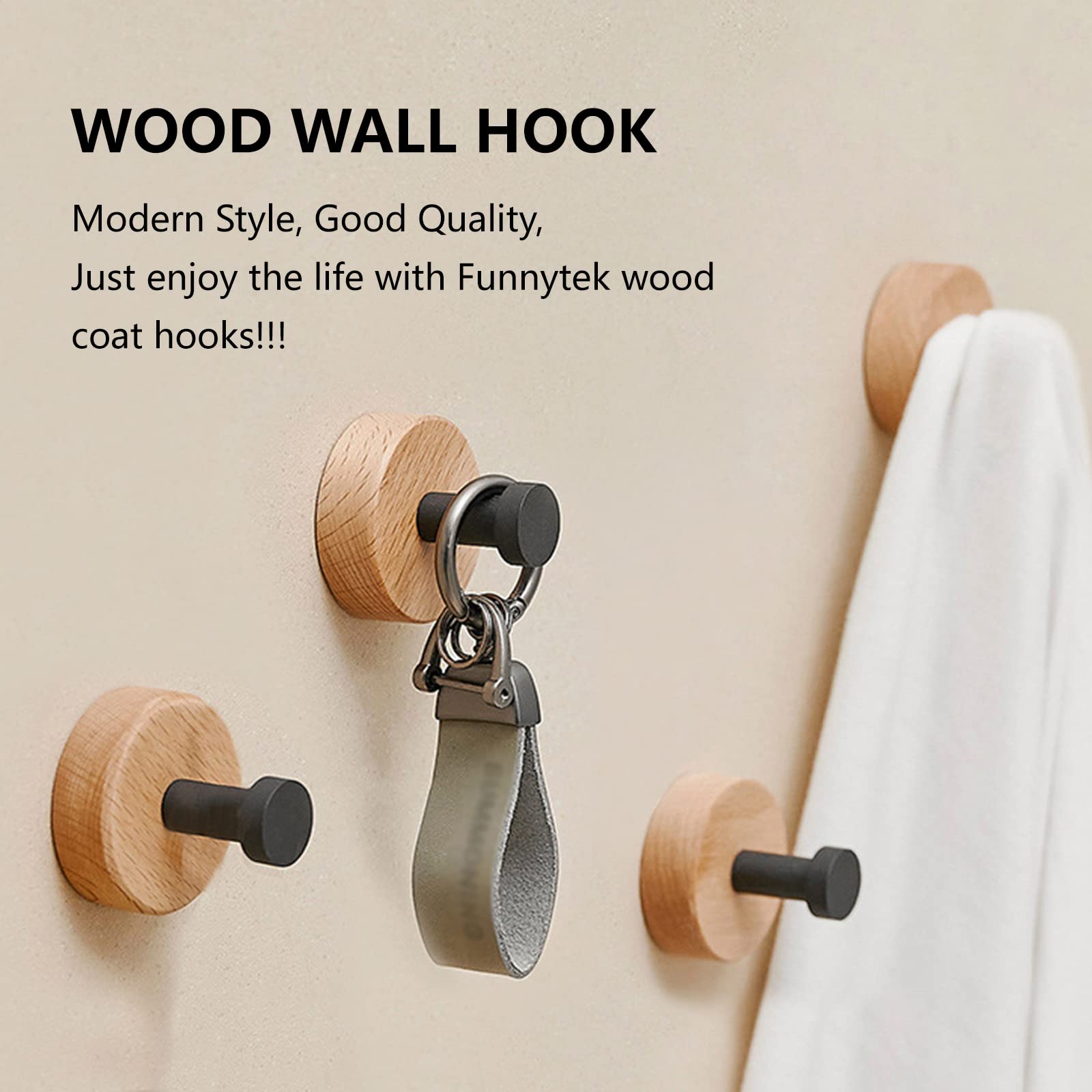 Funnytek Adhesive Wood Coat Hooks - 4 Pack Beech Wood Wall Hooks Natural Rustproof Coat Rack Adhesive Hooks for Wall, Towel Hooks for Hanging Coats, Hats, Bags, Keys (Style C)