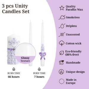 Wedding Candles for Ceremony Set Violet - Unity Candles Set of 3 Ceremonial Candles - 6" Pillar & 2 10" Tapers Wedding Candles velas matrimoniales