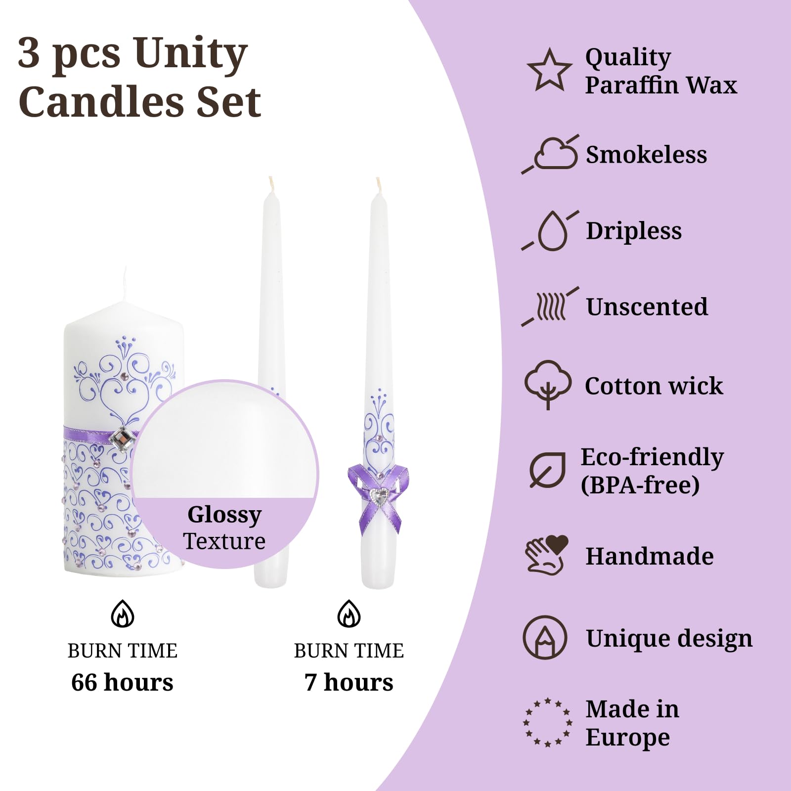 Wedding Candles for Ceremony Set Violet - Unity Candles Set of 3 Ceremonial Candles - 6" Pillar & 2 10" Tapers Wedding Candles velas matrimoniales