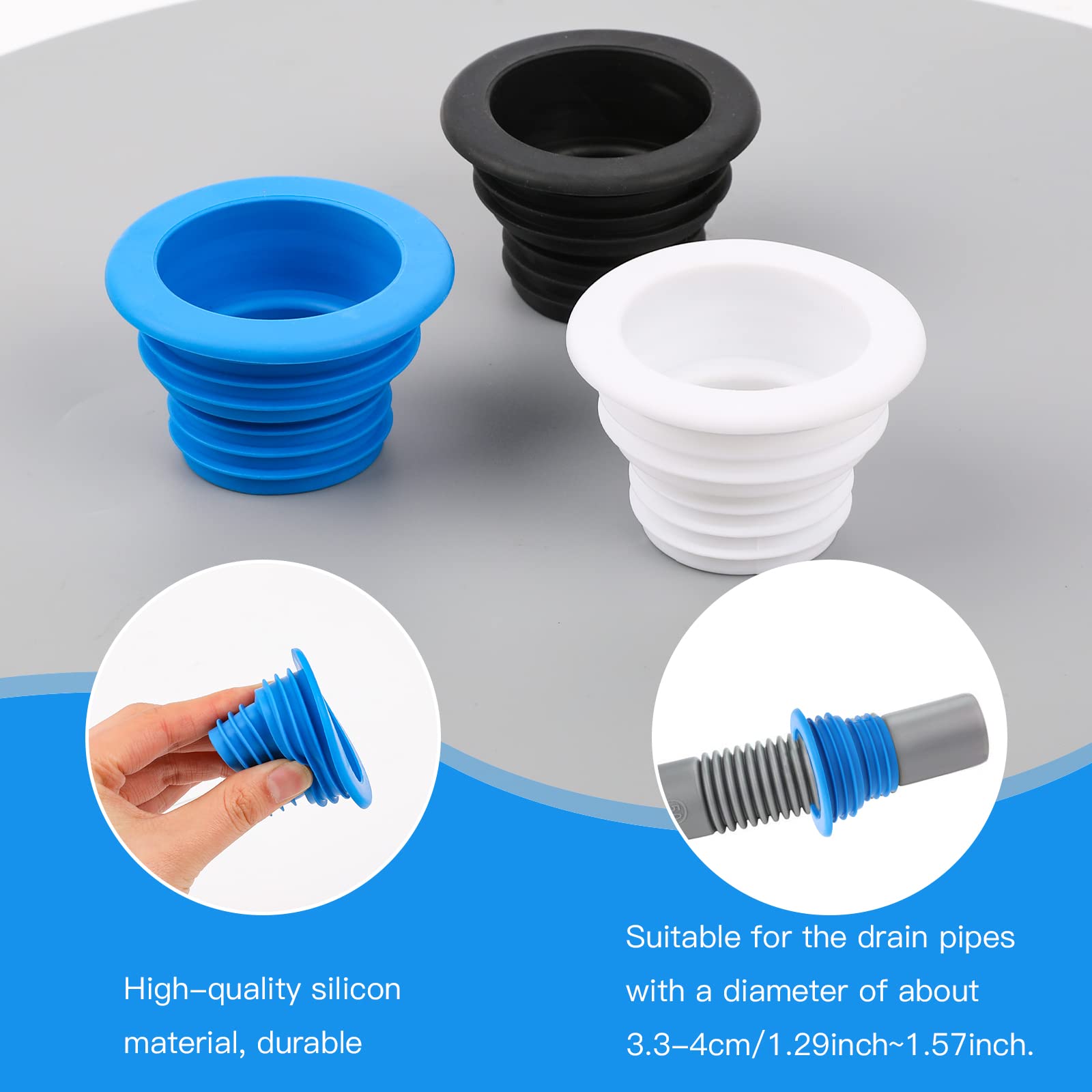 3Pcs Drain Pipe Hose Silicone Plug Sewer Seal Ring for Washing Universal Fit Drain Hose Machine Laundry Room Bathroom Bathtub Kitchen Cleaning Tools(Black White Blue)