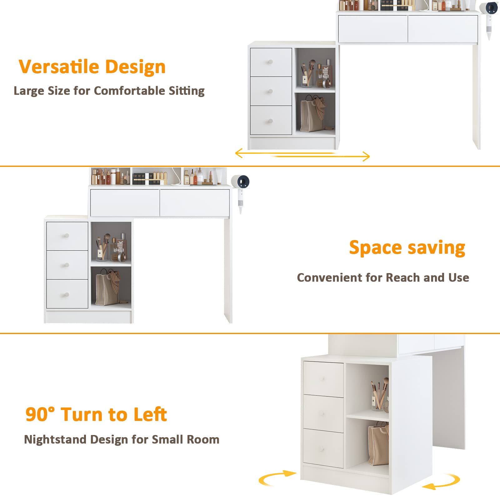 Vabches Makeup Vanity with Lights and Charging Station, Functional White Vanity Table with 5 Drawers and Lots Storage Shelves for Women Girls, 48.3in(W)