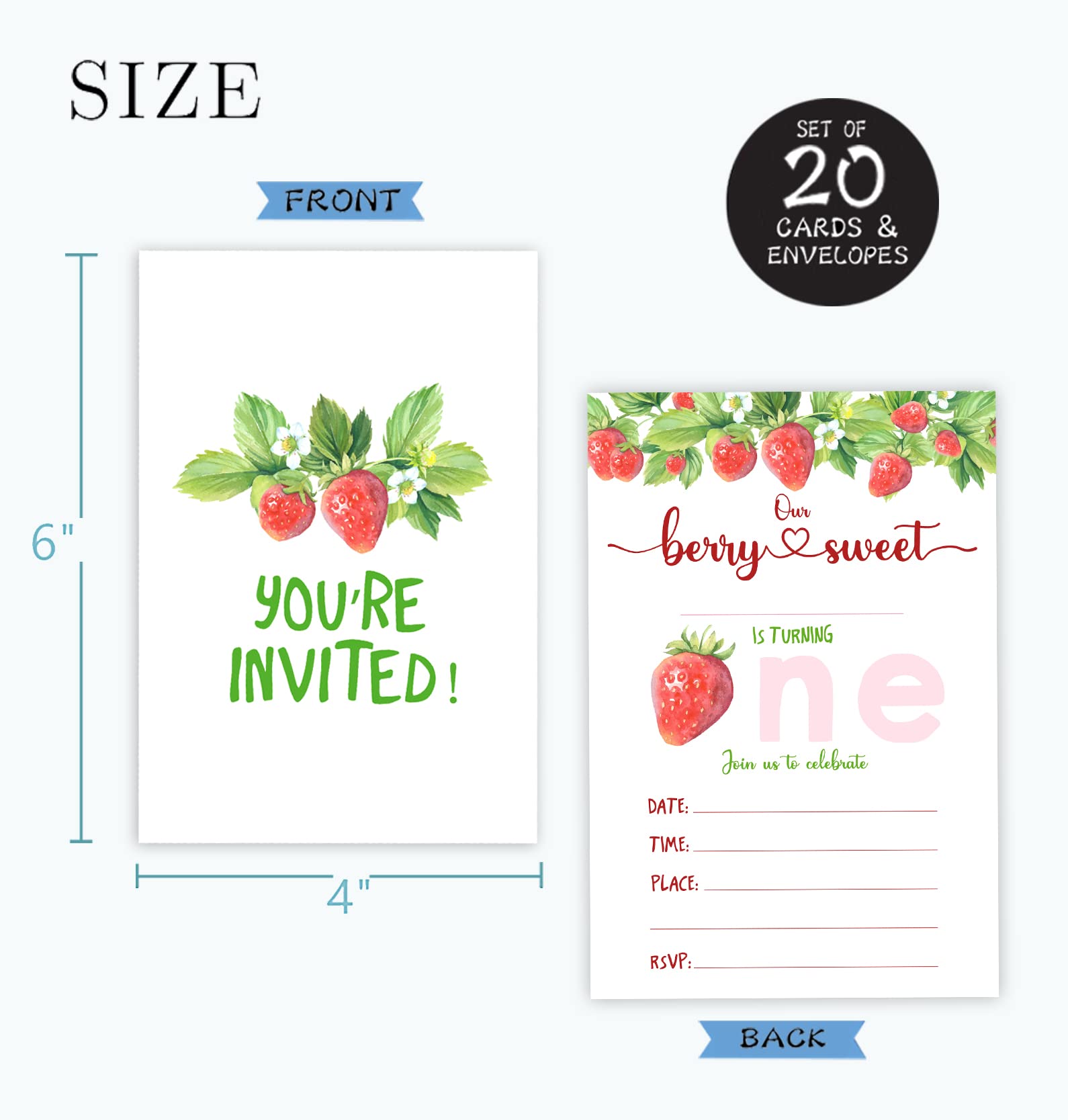 QOFO Sweet Strawberry First Birthday Party Invitation Card-Set of 20 With Envelopes,Birthday Invitation Cards,Birthday Party Decorations And Supplies-YQC31