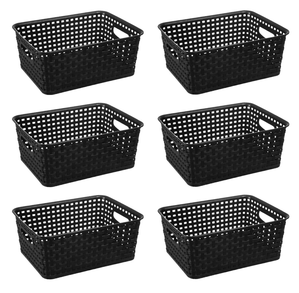 ZHENFAN Black Plastic Woven Storage Baskets, 6-Pack Weave Basket Organizer for Kitchen Office Bathroom