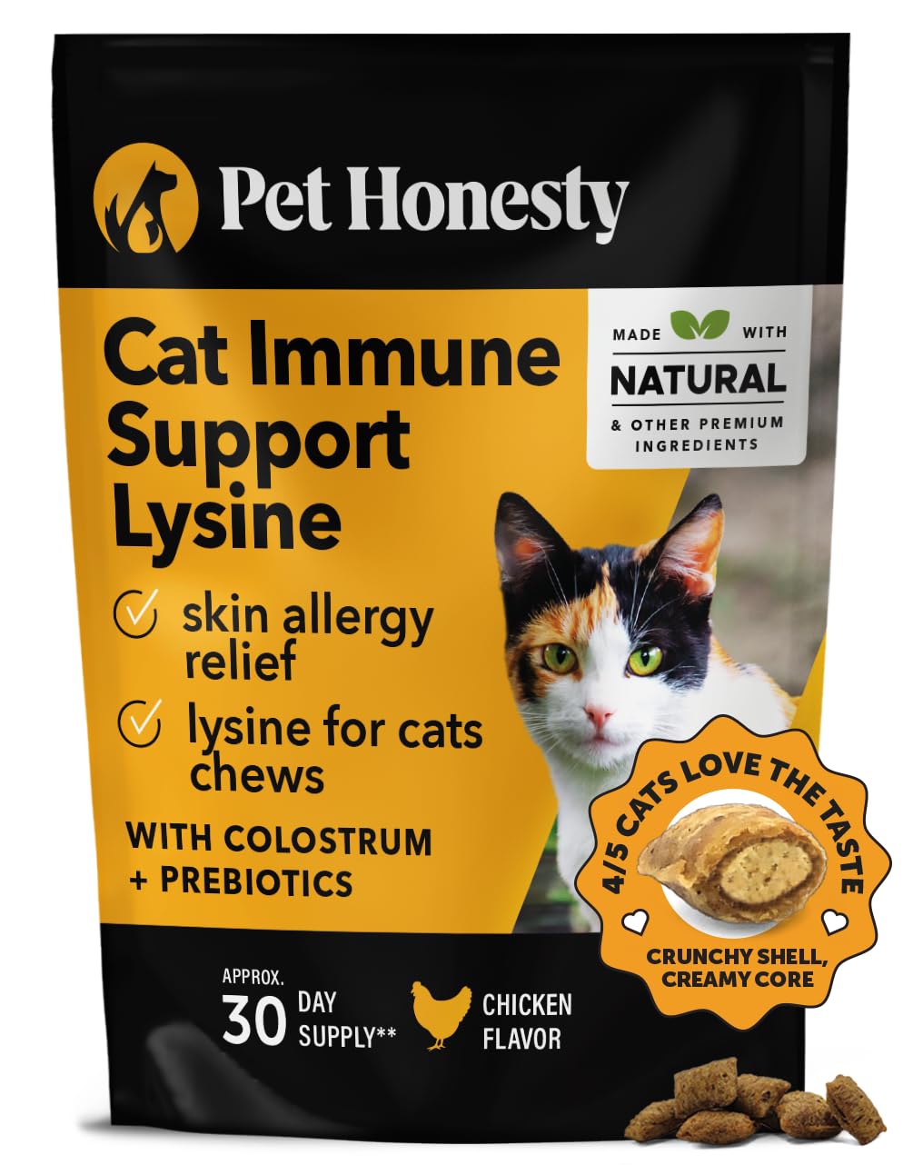 Pet Honesty Cat Immune Support Lysine - Cat Allergy Relief - Sneezing, Runny Nose, Watery Eyes - Cat Supplements & Vitamins with Omega 3s, L-Lysine, Antioxidants, Colostrum - Chicken (30 Day Supply)