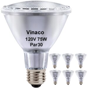 vinaco par30 long neck 75w, 6 pack long lasting par30 halogen flood light warm white 2800k, par30 dimmable, high output par30 flood light bulb 120v with e26 base for indoor/outdoor