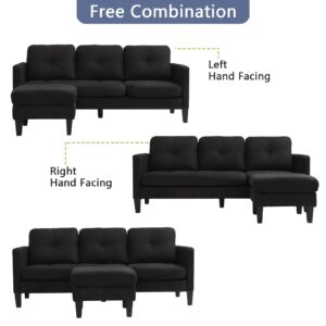 Grepatio Convertible Sectional Sofa Couch, L-Shaped Couch with Modern Linen Fabric for Small Space (Black)