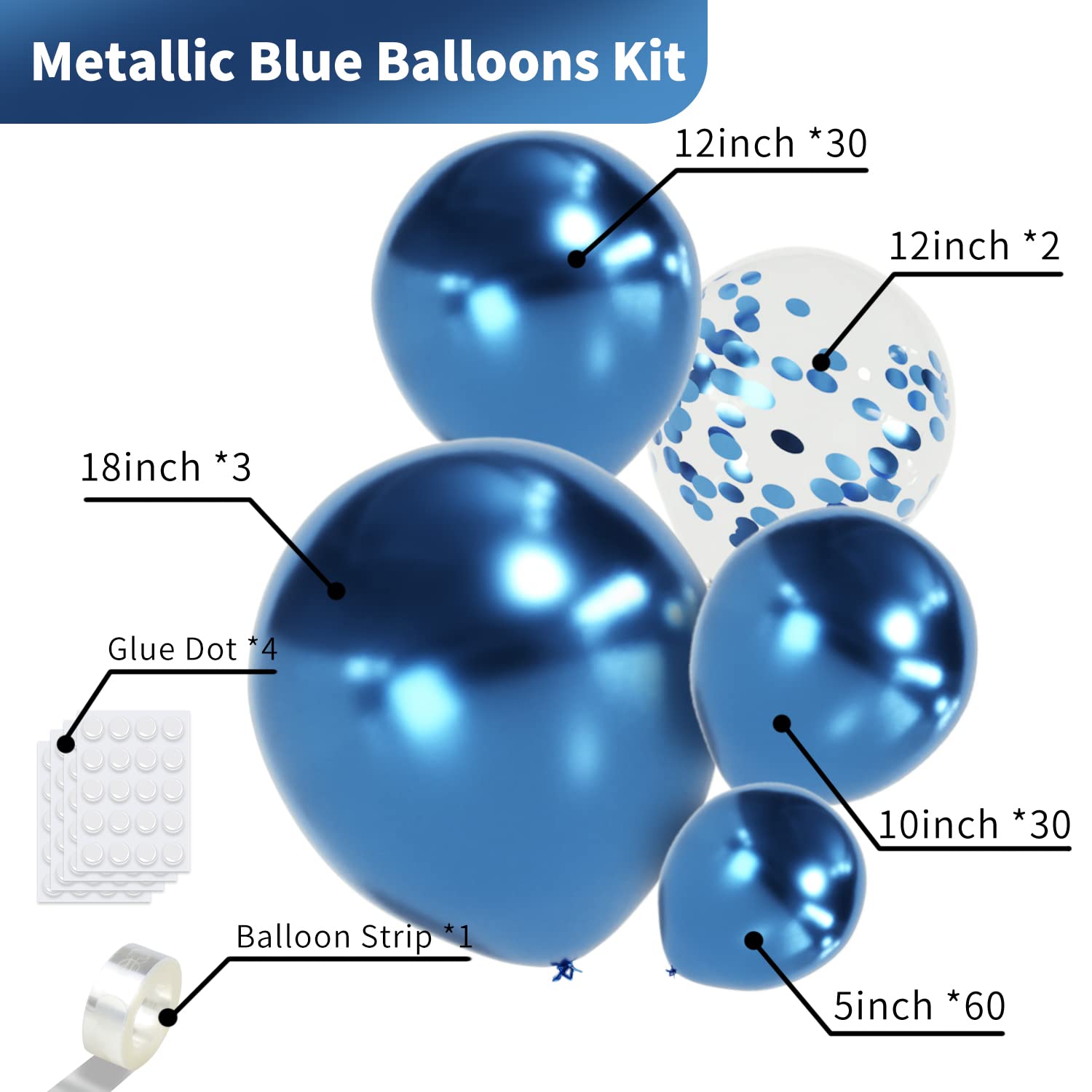 Blue Metallic Balloons Garland Kit 130 Pcs Chrome Balloons Different Sizes 18/12/10/5 Inch Confetti Balloons Blue Party Balloon for Boys Baby Shower Christening Birthday Graduation Christmas