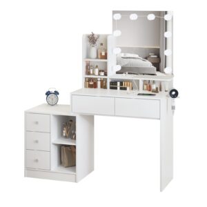 Vabches Makeup Vanity with Lights and Charging Station, Functional White Vanity Table with 5 Drawers and Lots Storage Shelves for Women Girls, 48.3in(W)