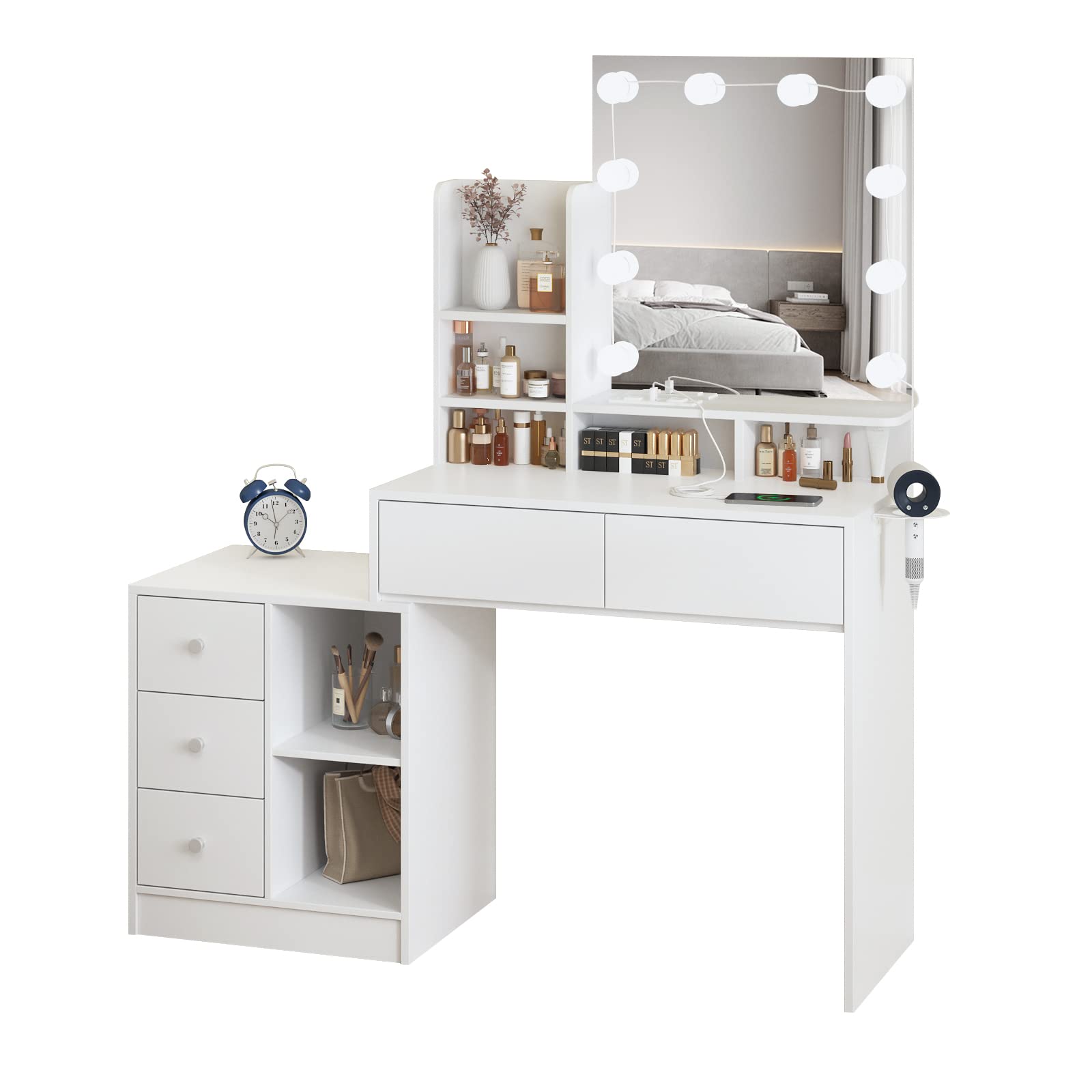 Vabches Makeup Vanity with Lights and Charging Station, Functional White Vanity Table with 5 Drawers and Lots Storage Shelves for Women Girls, 48.3in(W)