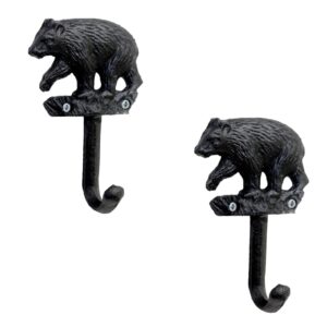 bestgiftever decorative wall coat hooks set of 2 with black bear in the forest accent - rustic cast iron animal wall mounted hooks for cabin lodge - ideal for wildlife and woodland theme enthusiasts