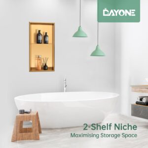 DAYONE Brushed Gold Shower Niche NO Tile Needed 12" X 24", Stainless Steel Bathroom Wall Niche Recessed Double Shelf Organizer, Modern in Wall Shower Storage Nook Insert