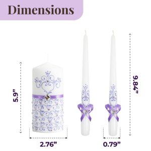 Wedding Candles for Ceremony Set Violet - Unity Candles Set of 3 Ceremonial Candles - 6" Pillar & 2 10" Tapers Wedding Candles velas matrimoniales