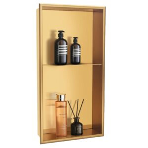 dayone brushed gold shower niche no tile needed 12" x 24", stainless steel bathroom wall niche recessed double shelf organizer, modern in wall shower storage nook insert