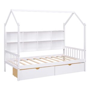 Twin House Bed with 2 Drawers and Storage Shelves, Montessori Bed, Twin Platform Bed Frame with Roof, Tent Bed, Solid Wood Playhouse Bed for Kids Teens Girls Boys (Twin, White)