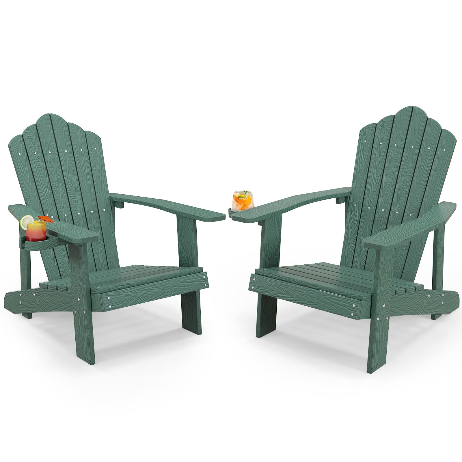 Tangkula Oversized Adirondack Chair, Patio Lounge Chairs w/Adjustable Cup Holder, HIPS Armchairs Slatted Chair, Outdoor Weather Resistant Fire Pit Chair for Deck Backyard Garden Porch (2, Green)