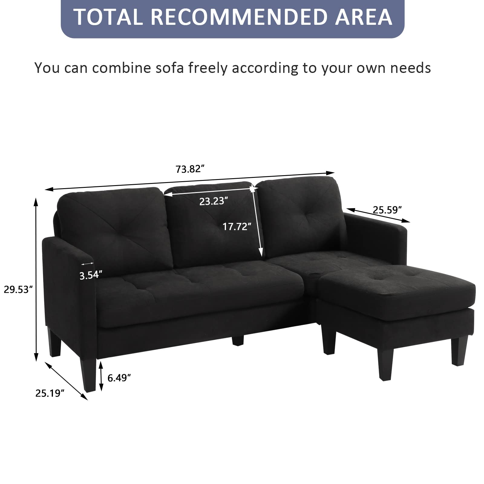 Grepatio Convertible Sectional Sofa Couch, L-Shaped Couch with Modern Linen Fabric for Small Space (Black)