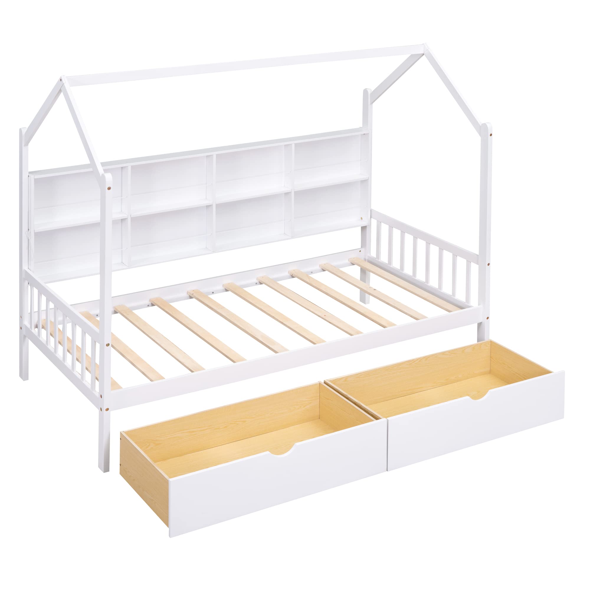 Twin House Bed with 2 Drawers and Storage Shelves, Montessori Bed, Twin Platform Bed Frame with Roof, Tent Bed, Solid Wood Playhouse Bed for Kids Teens Girls Boys (Twin, White)