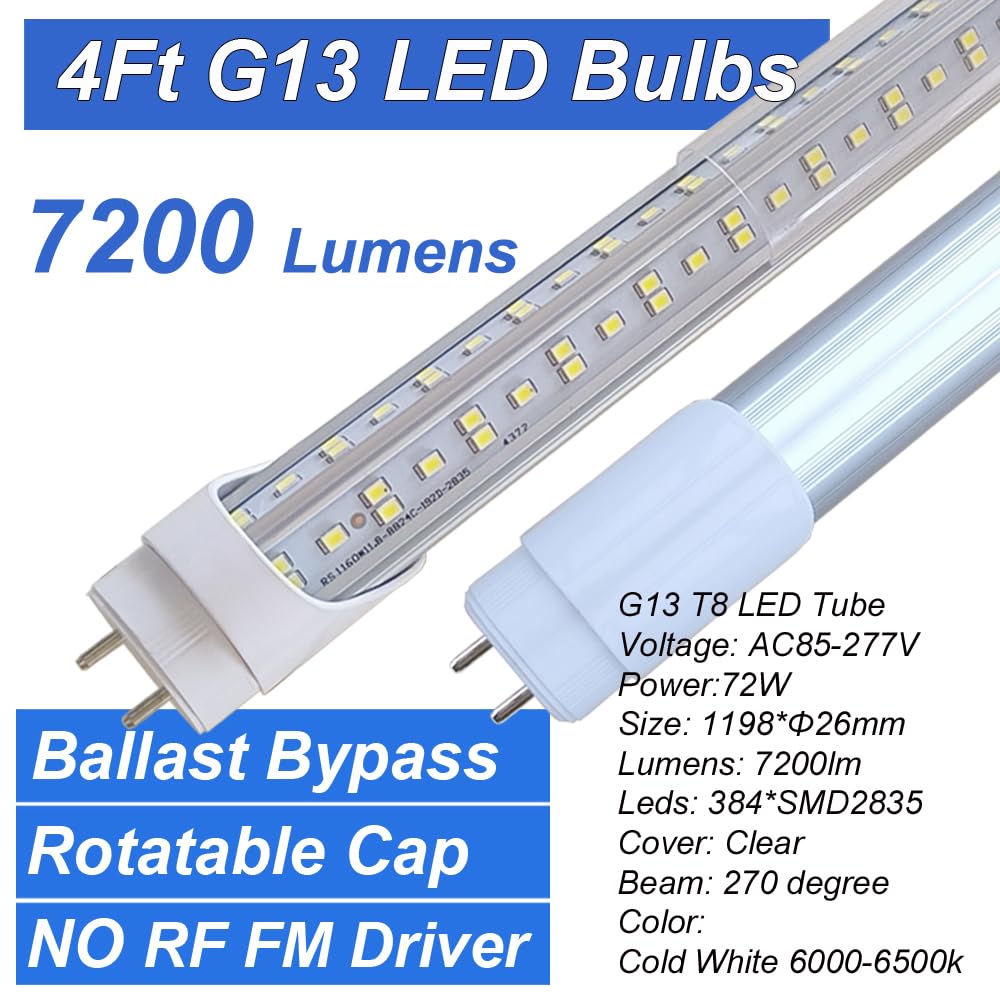 CAIKAG T8 LED Bulbs 4 Foot, T12 LED Replacement 4FT 72W Fluorescent Tube Lights,7200lm 6500K Cool White,2 Bi-Pin G13 Base Type B Tube Lights, Ballast Bypass, Double Ended Power, NO RF FM Driver