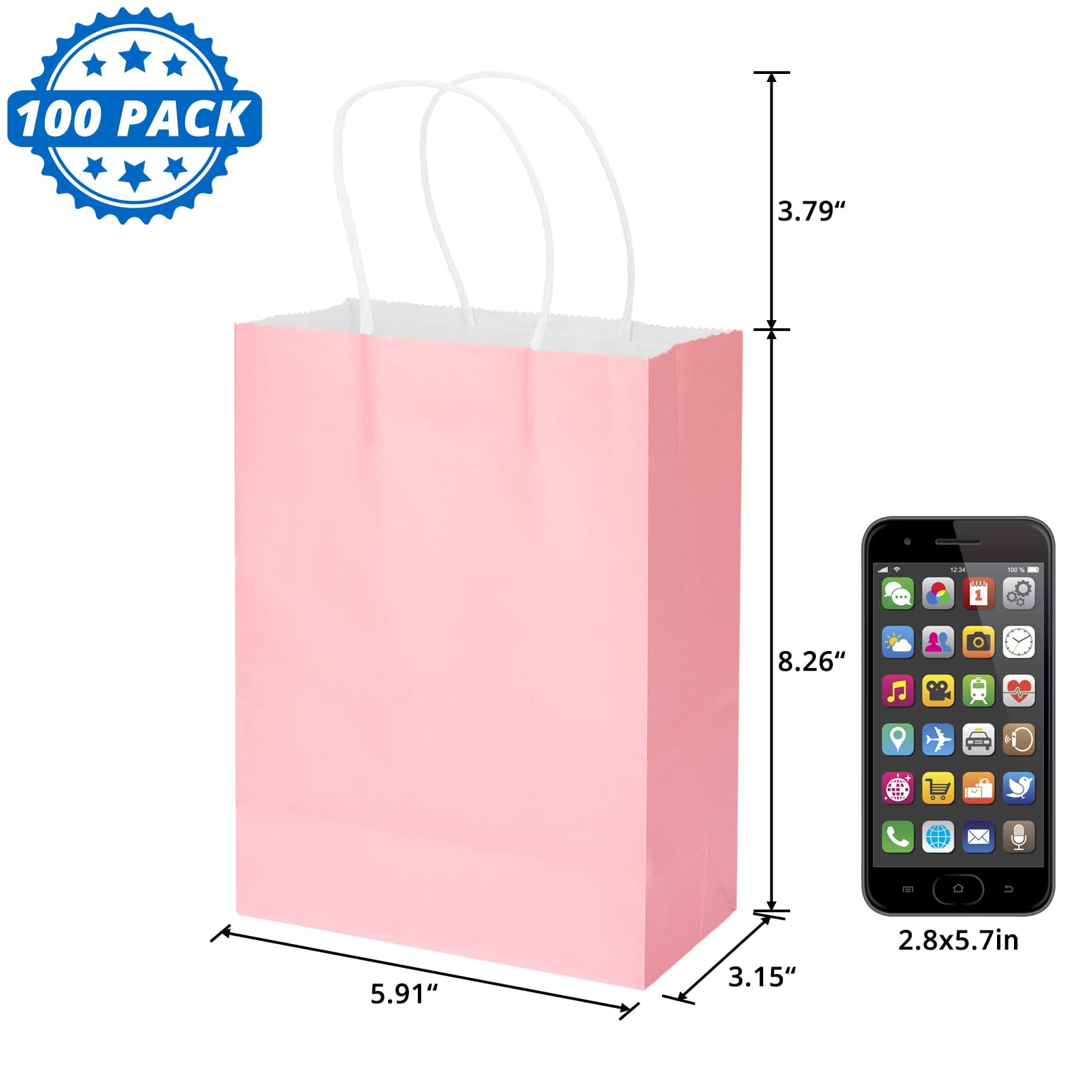 100 Pack 5.9x3.15x8.26 inch Small Pink Gift Bags, Kraft Bags with Handles Bulk for Birthday Party Favors,Gift Paper Bags,Retail Shopping Business Goody Craft Gift Bags