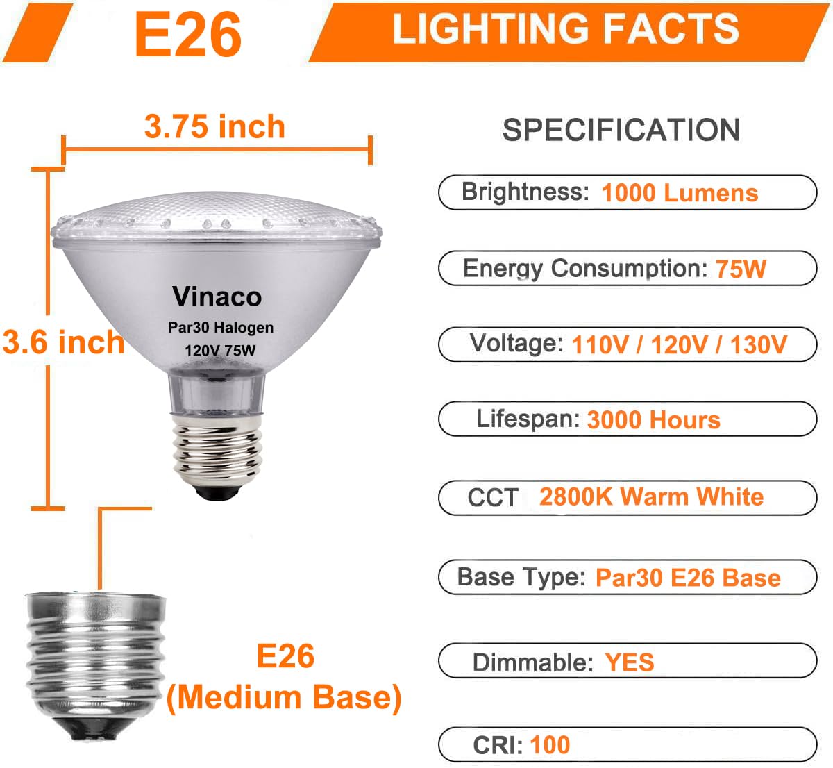 Vinaco PAR30 Short Neck 75W, 6 Pack High Output PAR30 Halogen Flood Light Warm White 2800K, PAR30 Dimmable, Long Lasting PAR30 Flood Light Bulb 120V with E26 Base for Indoor/Outdoor