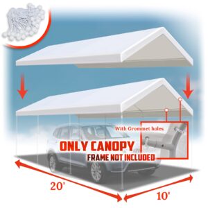 YardGrow 10'x20' Carport Replacement Canopy Upgraded Carport Replacement Top Canopy Cover for Car Garage Shelter Tent with Ball Bungees, Canopy ONLY (White)