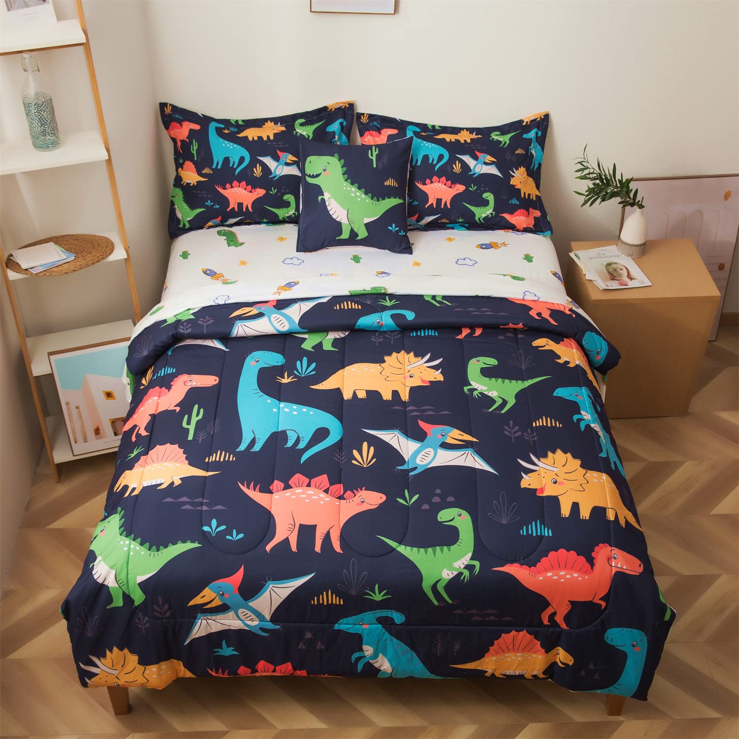 lishjekee Dinosaur Comforter Set Twin for Boys 6Pieces Dinosaur Bed in A Bag for Kids Jungle Dino Bedding Set Navy Blue T-Rex Dinosaur Comforter and Sheets Set Dino Bed Sets Home Decor