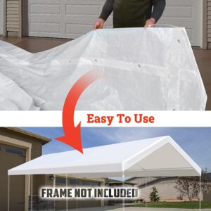 YardGrow 10'x20' Carport Replacement Canopy Upgraded Carport Replacement Top Canopy Cover for Car Garage Shelter Tent with Ball Bungees, Canopy ONLY (White)