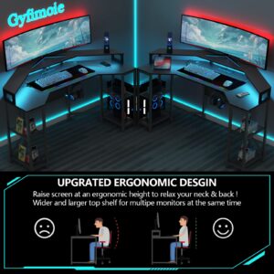 Gyfimoie Computer Desk with Power Outlet & Led Light, 63" Large Wing-Shaped Gaming Desk with Full Monitor Stand, Wireless Charging, RGB Mouse Pad,Headphone Hook,Studio Desk with Storage Shelf for Live