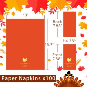 ​Quera 100 Pack Thanksgiving Guest Napkins Turkey Gold Foil Disposable Napkins Autumn Fall Harvest Paper Napkins Thanksgiving Dinner Party Supplies - Gobble​ 7.5 x 4.25 Inch