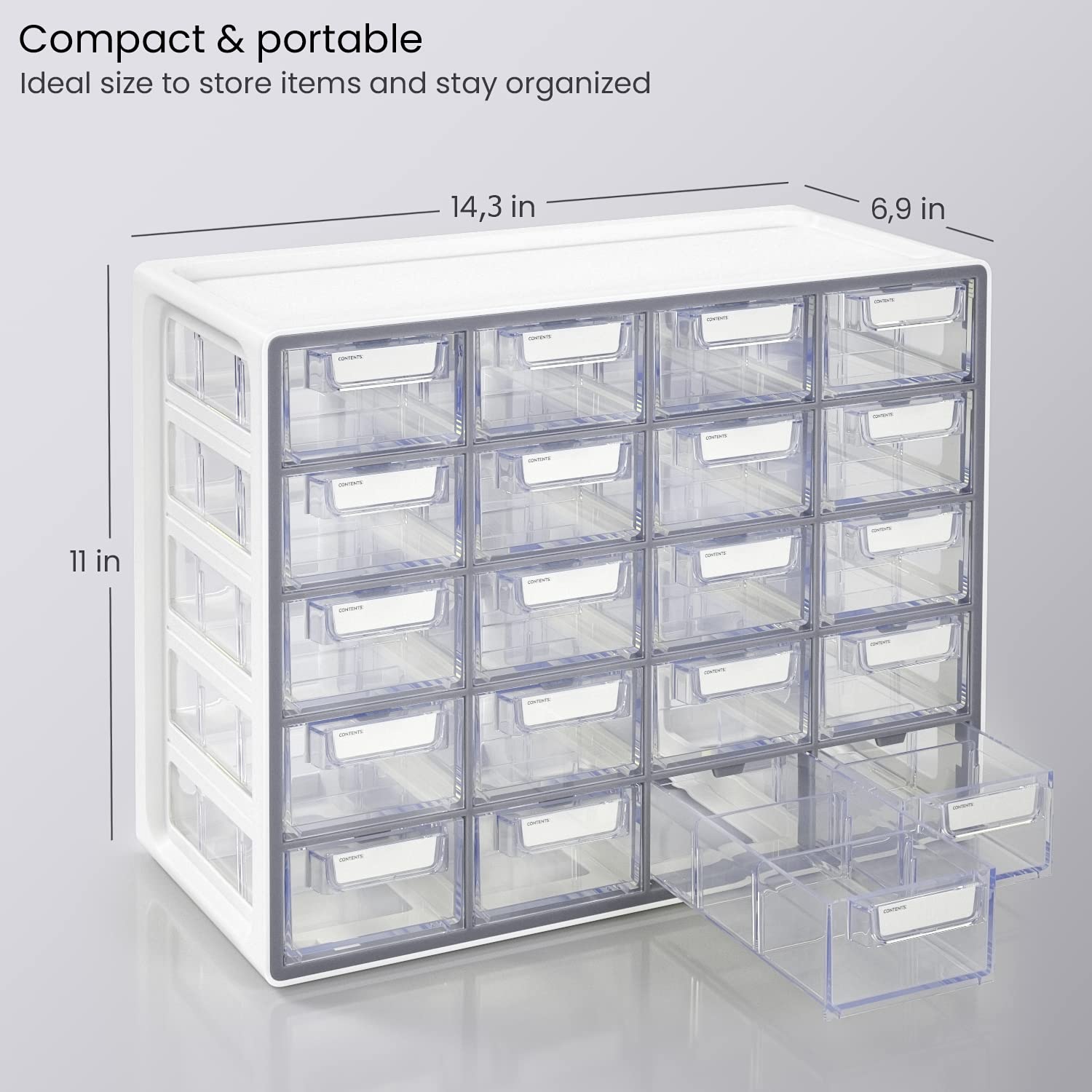 ARTEZA Organizer Box – Compact 20-Drawer Clear Storage Solution for Pens, Clips, Sewing & Craft Supplies – High-Impact Plastic, Home, Office & Classroom Organization – Gray