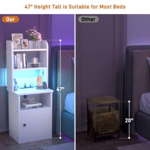 Tall Nightstands Set of 2 with Charging Station and LED Lights - 47" Tall Bedside Table with Adjustable Bookshelf, Industrial End Table Side Table with Storage Cabinet for Home Office, White