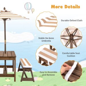 Costzon Kids Picnic Table, Toddler Wood Table & Chair Set w/Cushions, Height Adjustable Umbrella, Children Activity Table Outdoor Furniture Set for Patio, Garden, Backyard, Gift for Ages 3-8 (Coffee)