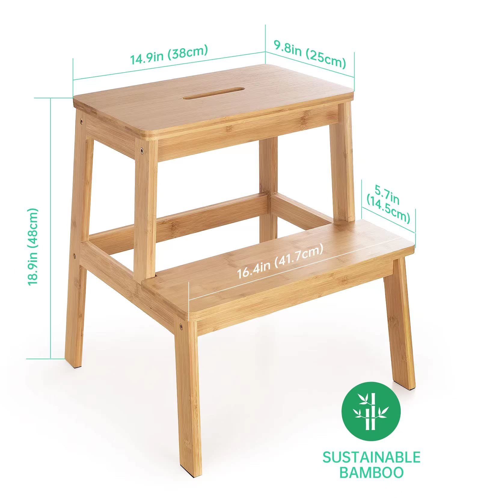 Bamboo Two Step Stool for Adults & Kids, Versatile as Kitchen Step Stool, Bedside Step Stool, Closet Step Stool, Safety & Stability, 300lbs Capacity (Updated Model)