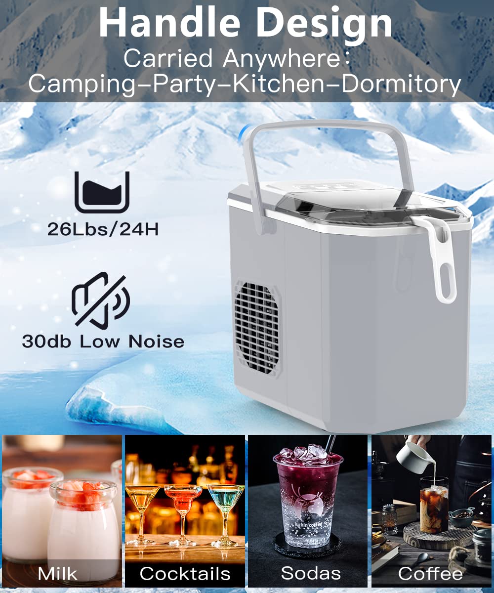 Joy Pebble Ice Makers Countertop, Portable Ice Maker Machine with Ice Scoop and Basket, 25lbs/24Hrs, 6 Mins/9 Pcs Bullet Ice,2 Ice Sizes(S/L), Handheld Ice Maker for Kitchen/Home/Party