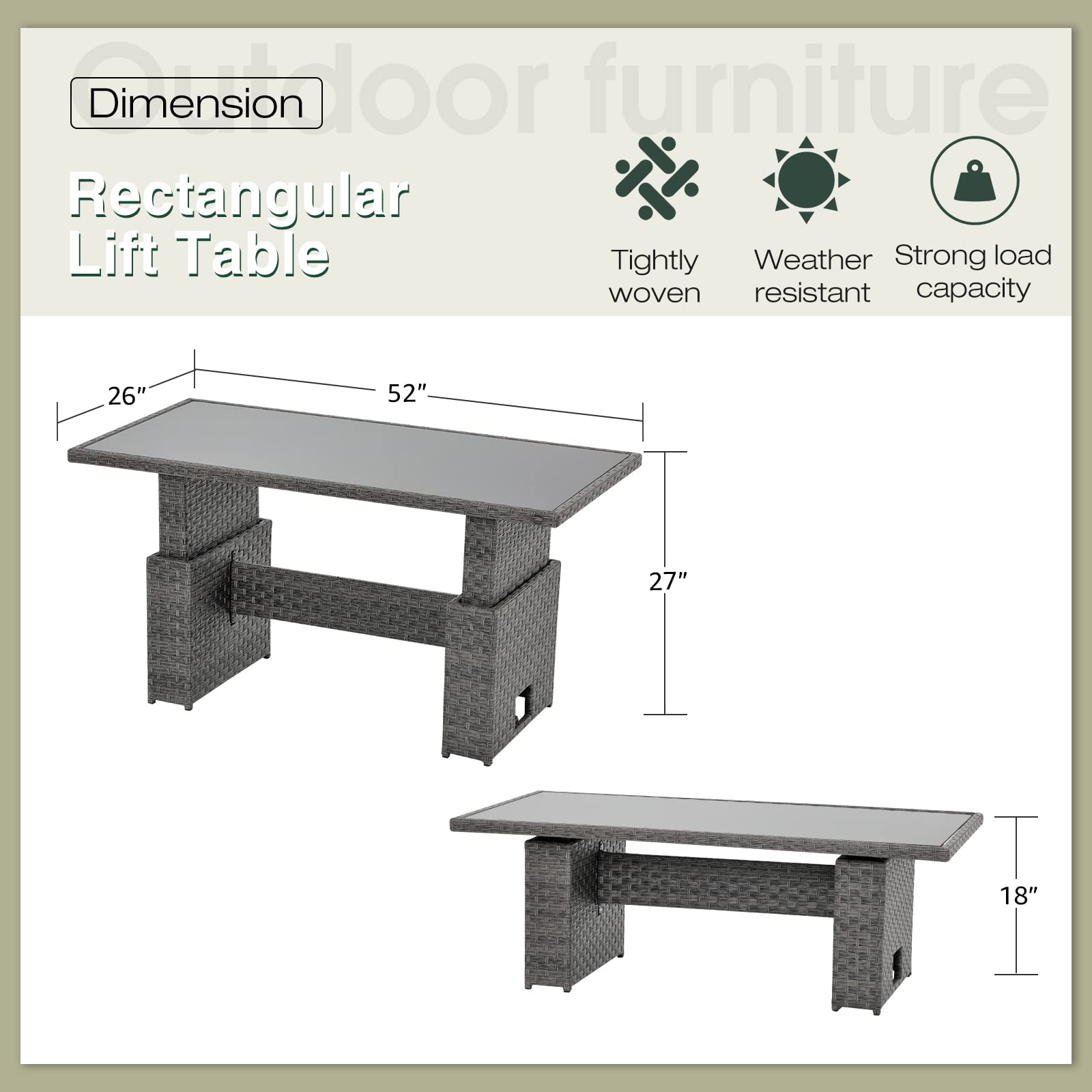 SUNSITT Outdoor Patio Lift Dining Table, Rectangle Patio Coffee Table with Glass Tabletop, Wicker Furniture Multi-Function Dining Table for Backyard, Deck, Garden, Grey