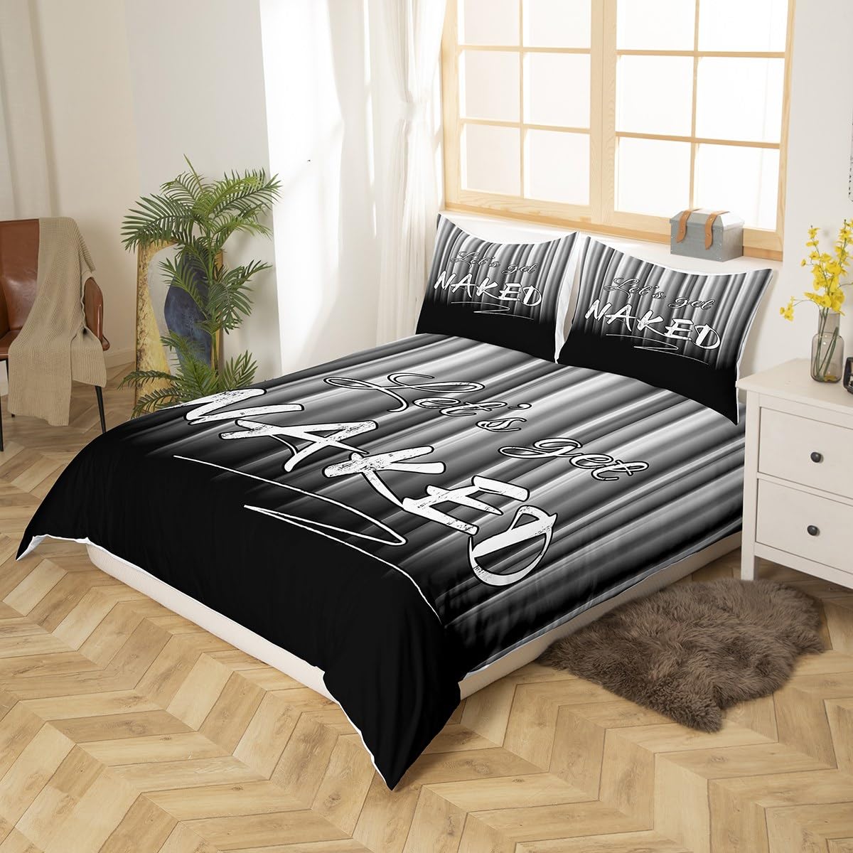 Kids Let's Get Naked Pattern Bedding Set Queen Size White Strip Lines Bedding Duvet Cover Set For Boys Teens Decor Geomestric Comforter Cover Set Black White Bedspread Cover Bedroom Quilt Cover 3Pcs