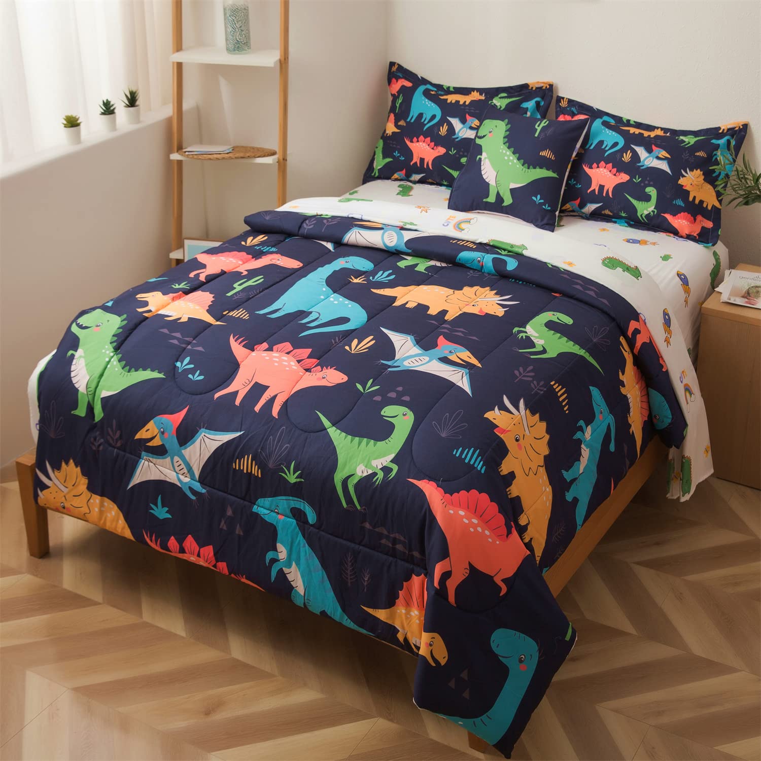 lishjekee Dinosaur Comforter Set Twin for Boys 6Pieces Dinosaur Bed in A Bag for Kids Jungle Dino Bedding Set Navy Blue T-Rex Dinosaur Comforter and Sheets Set Dino Bed Sets Home Decor