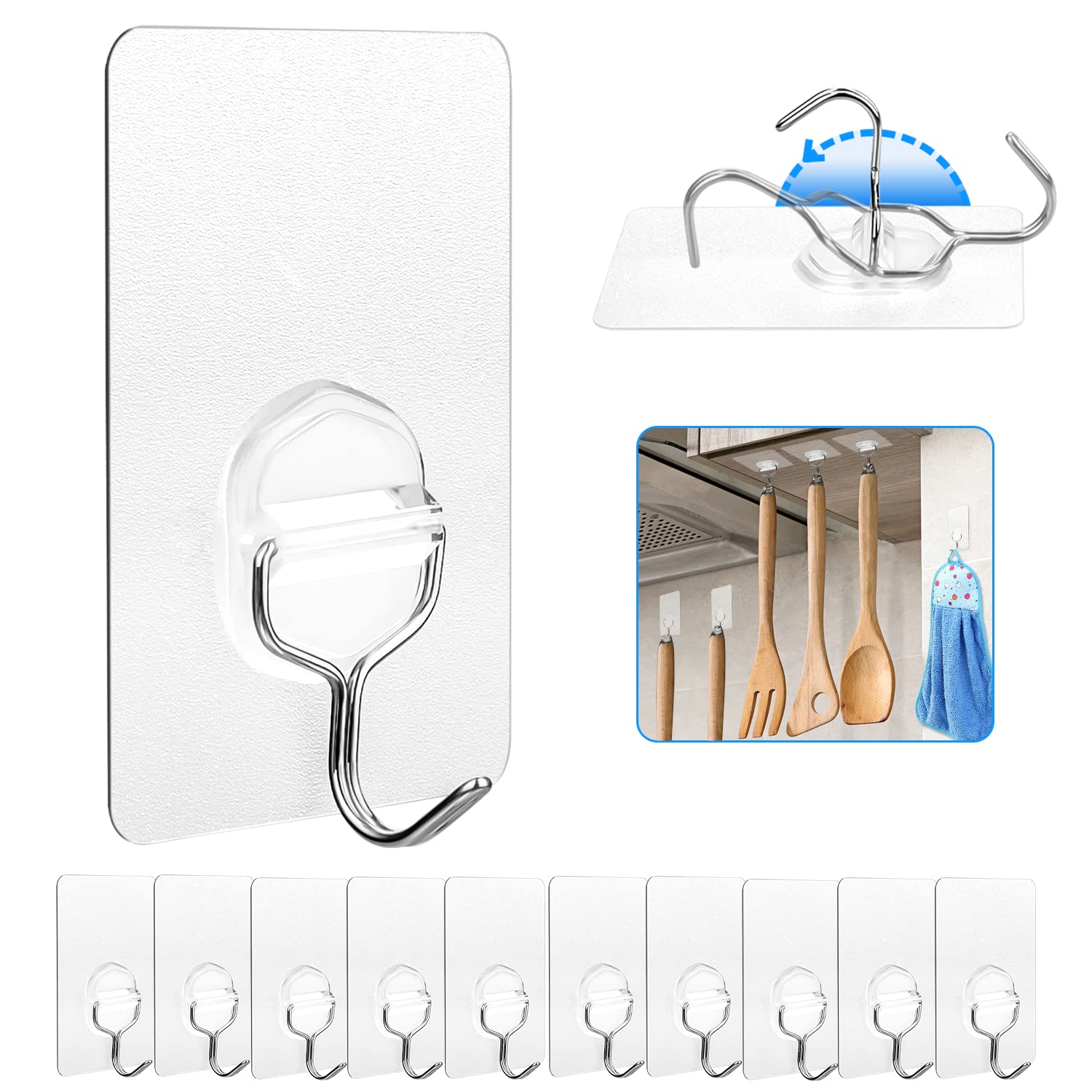 Adhesive Hooks Wall Hooks Strong Adhesive Hooks 13lbs Seamless Clear Transparent Hooks for Towel Loofah Bathrobe Coats Ceiling Hanger, Clearly Waterproof Hooks, 10 Pack. (2.36 * 3.15inch)