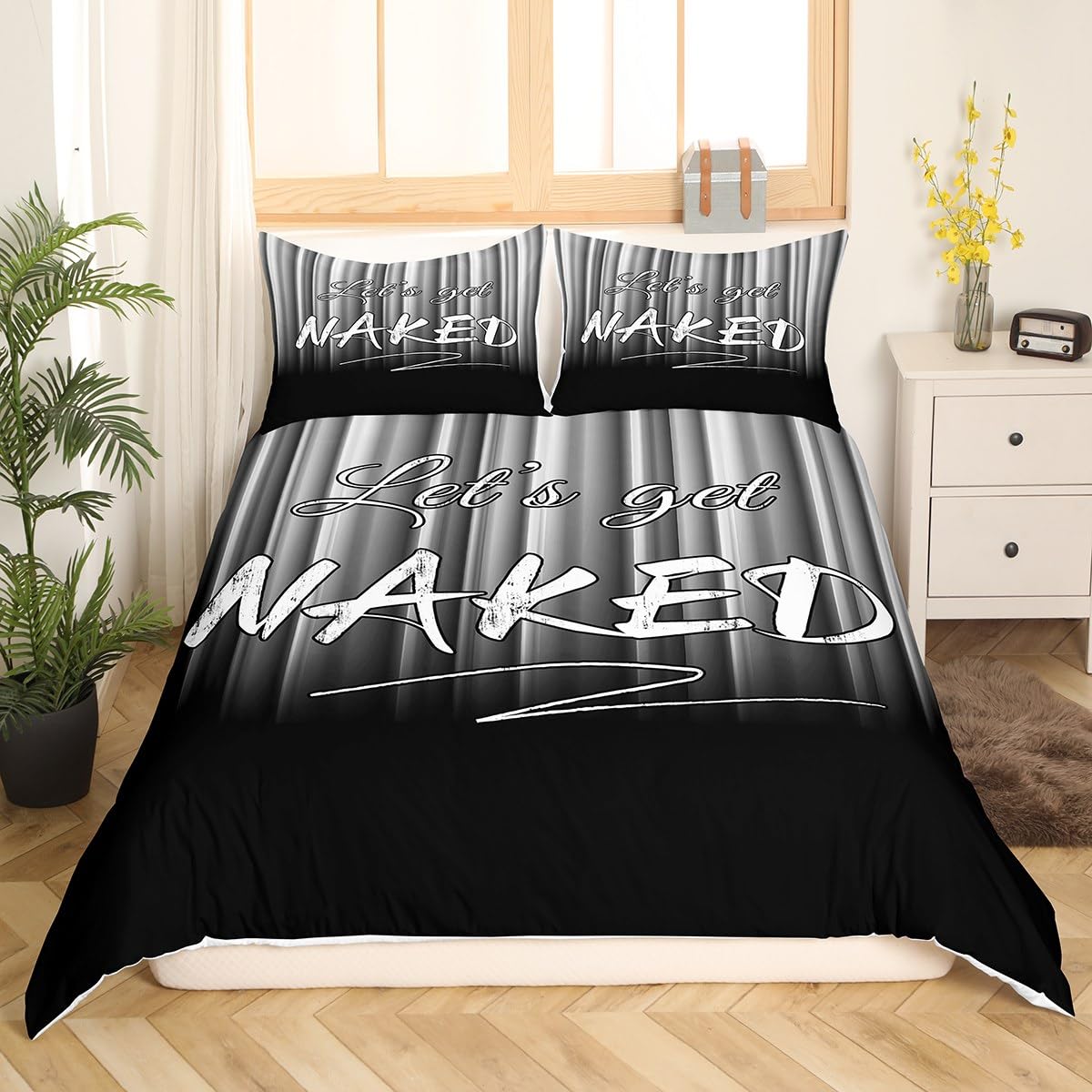 Kids Let's Get Naked Pattern Bedding Set Queen Size White Strip Lines Bedding Duvet Cover Set For Boys Teens Decor Geomestric Comforter Cover Set Black White Bedspread Cover Bedroom Quilt Cover 3Pcs