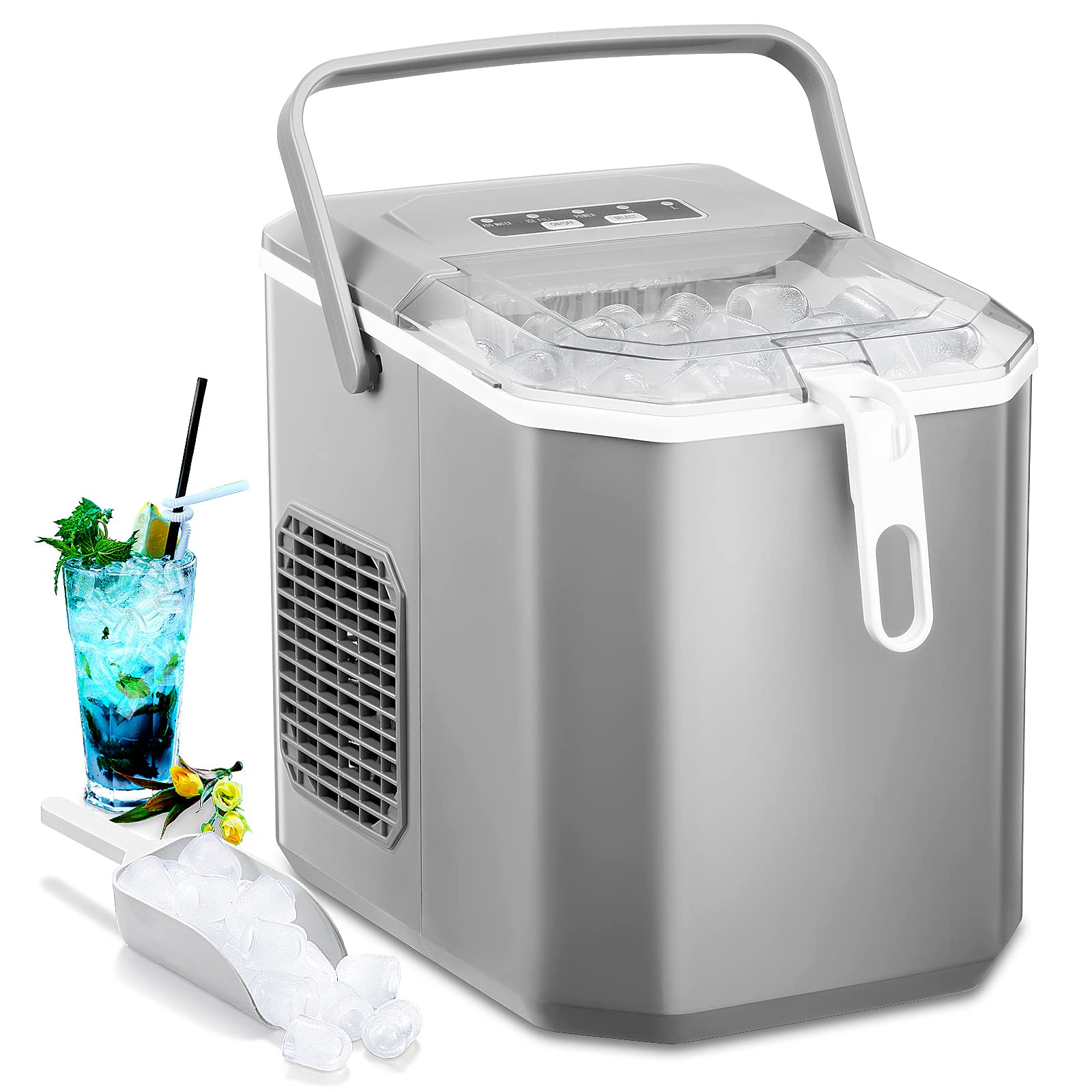 Joy Pebble Ice Makers Countertop, Portable Ice Maker Machine with Ice Scoop and Basket, 25lbs/24Hrs, 6 Mins/9 Pcs Bullet Ice,2 Ice Sizes(S/L), Handheld Ice Maker for Kitchen/Home/Party