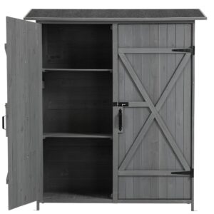 Outdoor Storage Shed with Lockable Door, Wooden Tool Storage Shed w/Detachable Shelves & Pitch Roof, Easy to Assemble Suitable for Home and Yard (Grey)