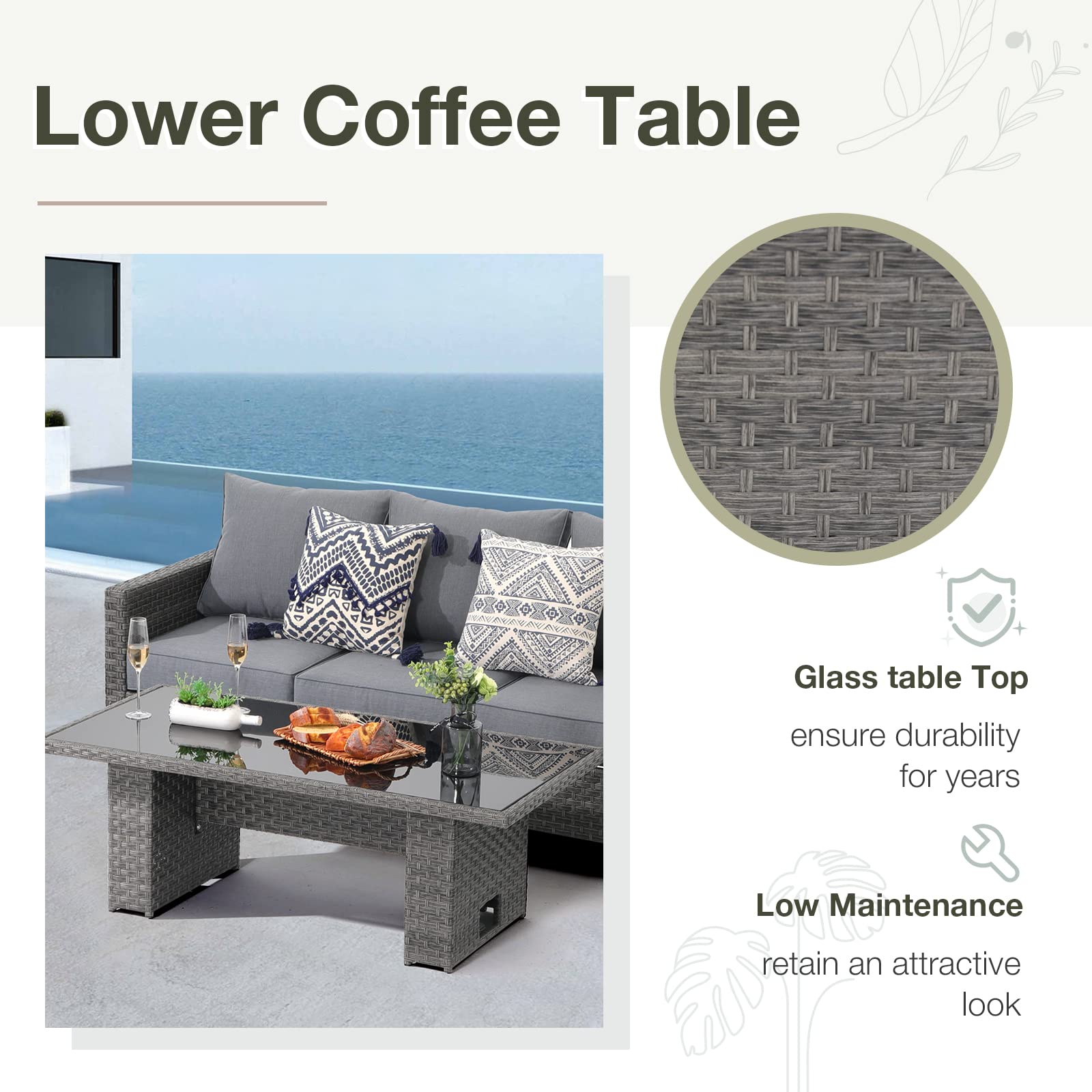 SUNSITT Outdoor Patio Lift Dining Table, Rectangle Patio Coffee Table with Glass Tabletop, Wicker Furniture Multi-Function Dining Table for Backyard, Deck, Garden, Grey