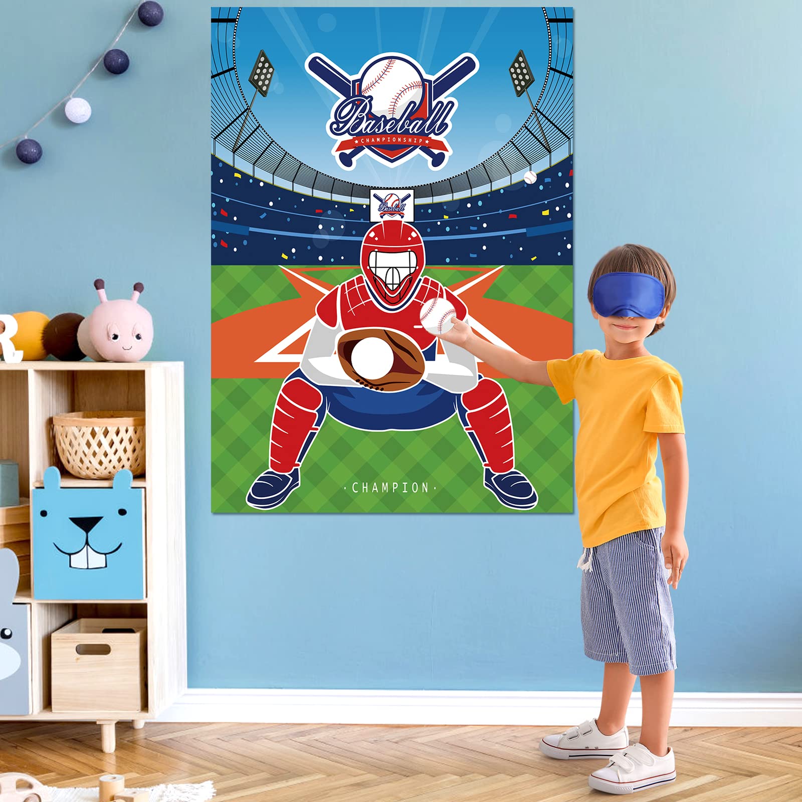 JOARHONAL Pin The Baseball on The Glove - Baseball Party Games for Kids 20" x 28" Baseball Game Poster with 24 Reusable Stickers Sport Themed Birthday Party Favor Sets