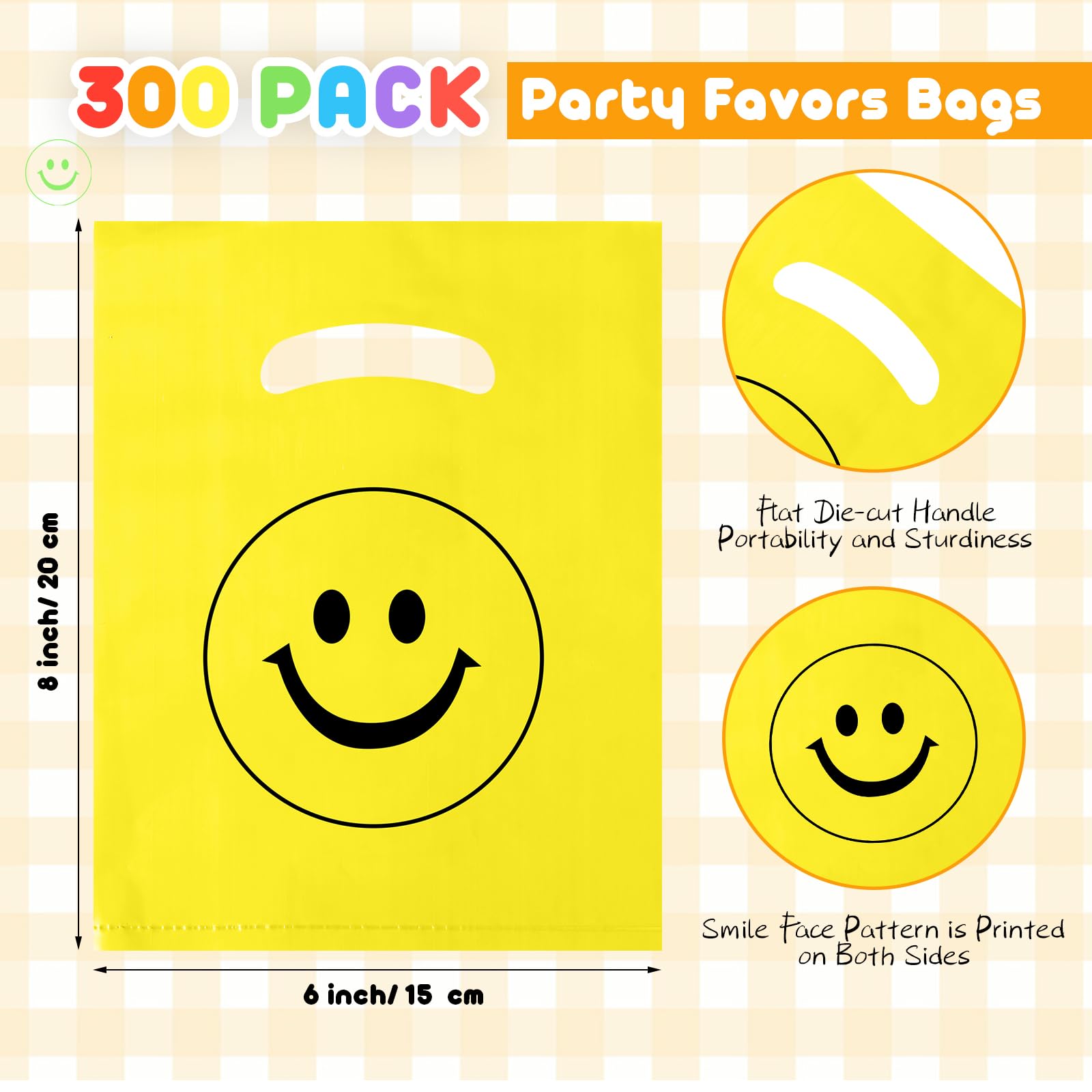 Geyee 300 Pieces Smile Face Gift Bags 6" x 8" Plastic Party Favors Bags Christmas Party Goodie Bags Treat Bags Bulk with Handle for Kids Birthday Party Classroom School Supplies(Multicolor)