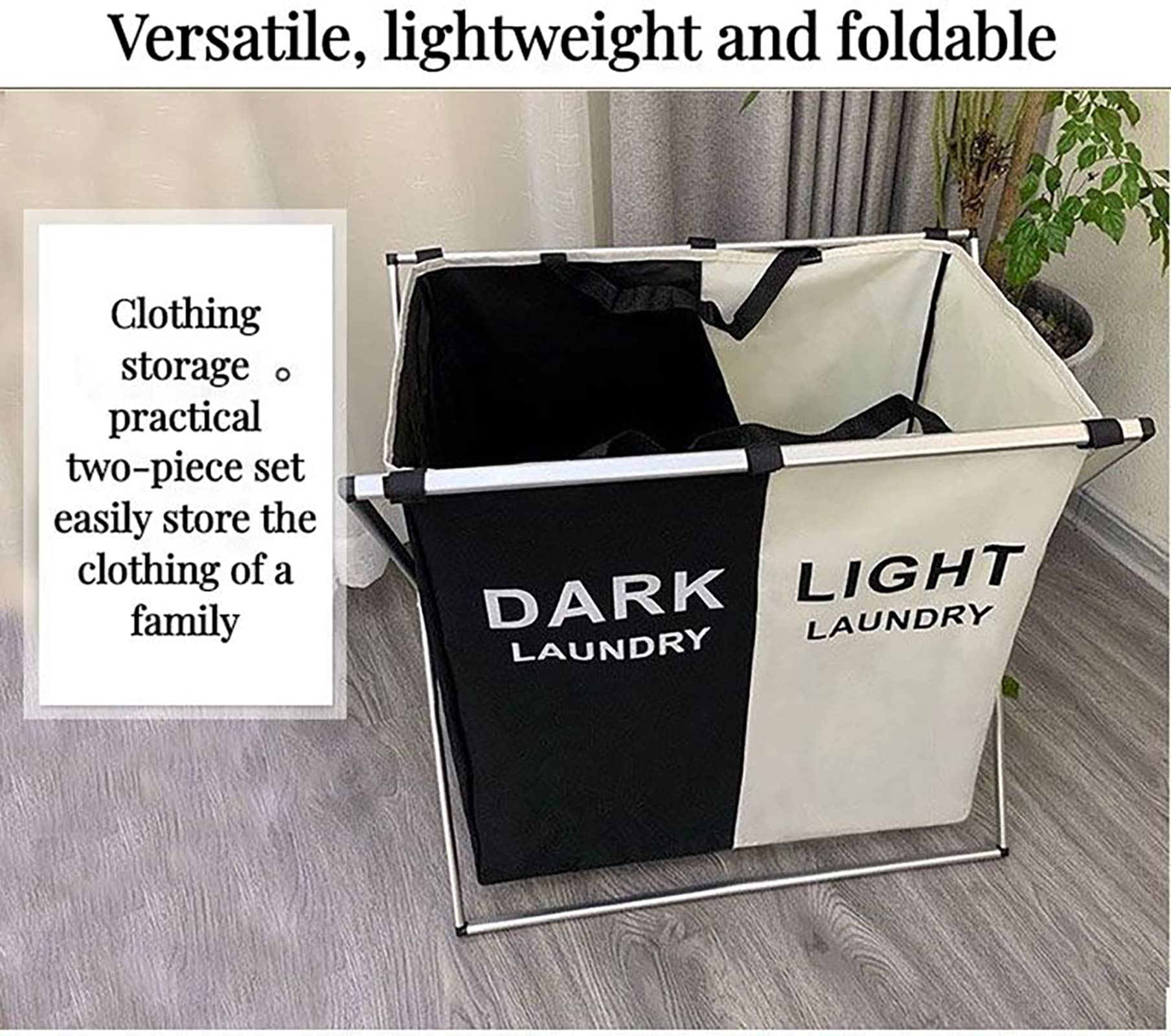 Large Laundry Basket, 2/3 Section Foldable Dirty Clothes Hamper for Laundry, Tall Divided Laundry Sorter with Removable Bag, Modern Collapsible Waterproof Laundry Hamper for Home (Black White)