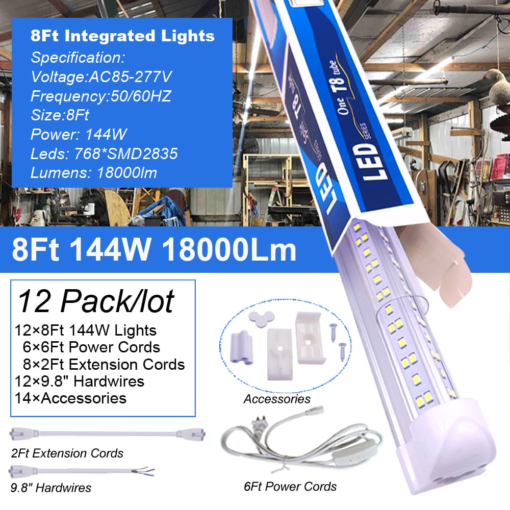 8Ft Led Shop Lights,8 Feet 8' V Shape Integrated LED Tube Light,144W 18000lm Fluorescent Clear Cover Linkable Surface Mount Lamp,Replace T8 T10 T12 Fluorescent Light Cooler Door Freezer Fixture